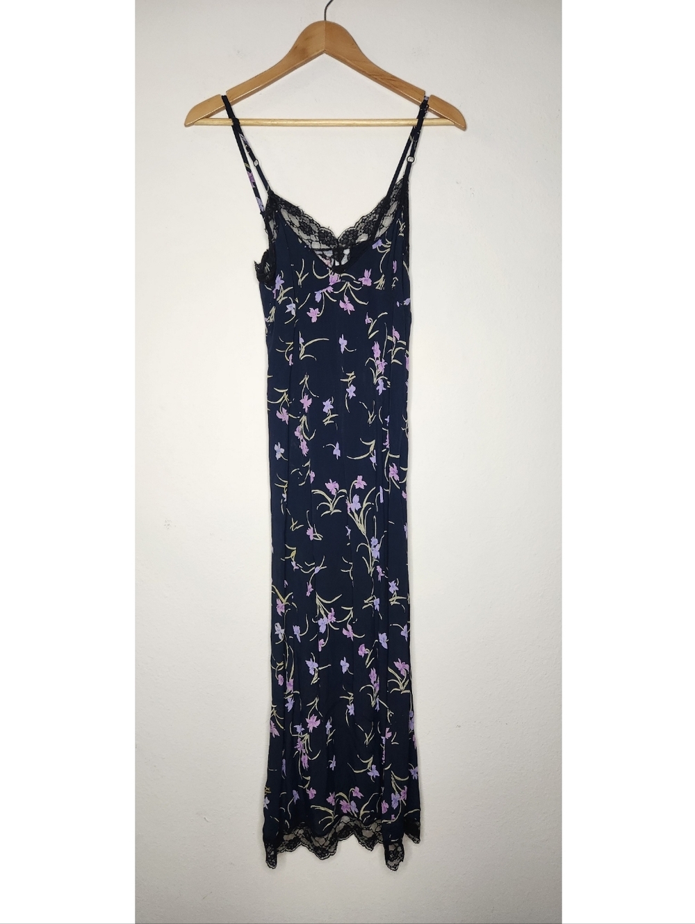 Vintage Two of Us Womens Black Purple Lace Trim Sun Dress Floral Maxi Sleeveless
